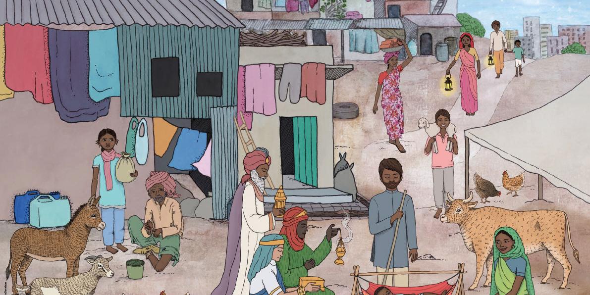 Das Aktionsplakat zum Kindermissionstag 2017 zeigt eine Krippendarstellung. Die Szene spielt in einem Armenviertel Indiens und bringt die Weihnachtsgeschichte damit in die heutige Zeit.