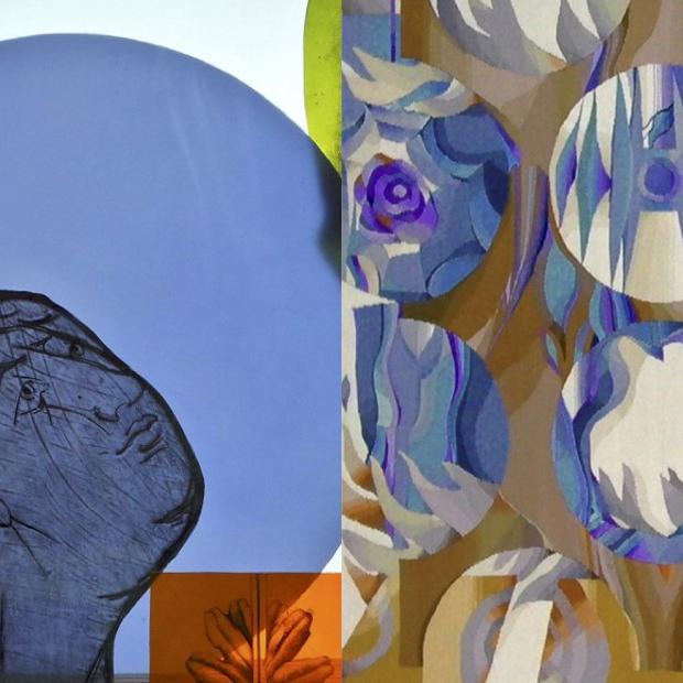 Linke Seite, Hubert Schaffmeister: Assemblage von Glasfragmenten (zusammengestellt von Sabine Schaffmeister), rechte Seite, Karin Schaffmeister: Kosmos, Gobelin, Detail, 1980