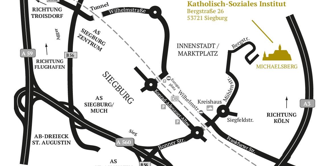 Anfahrtsskizze zum KSI. Bitte beachten Sie: am Tag der offenen Tür ist die Bergstraße nicht befahrbar!