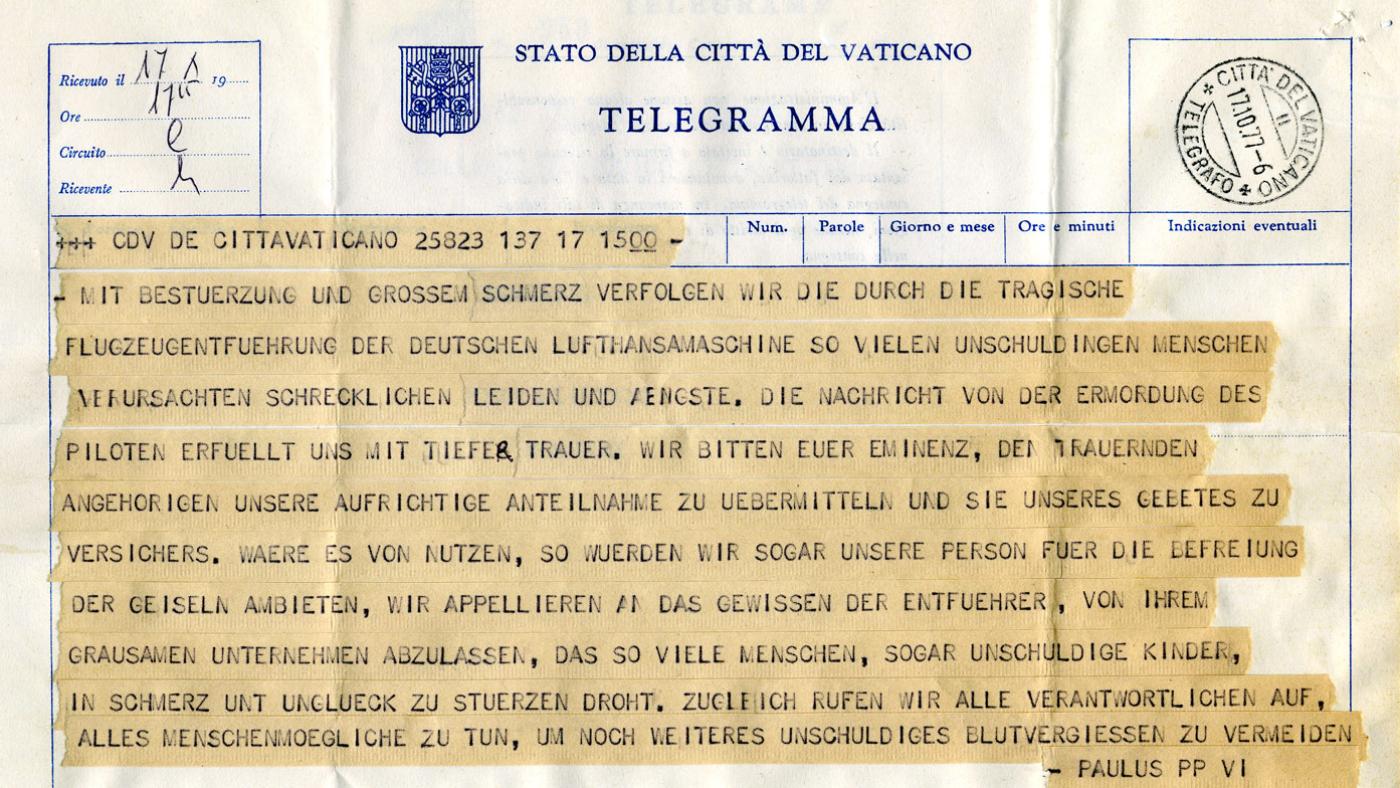 Telegramm zur Landshut-Entführung von Papst Paul VI.