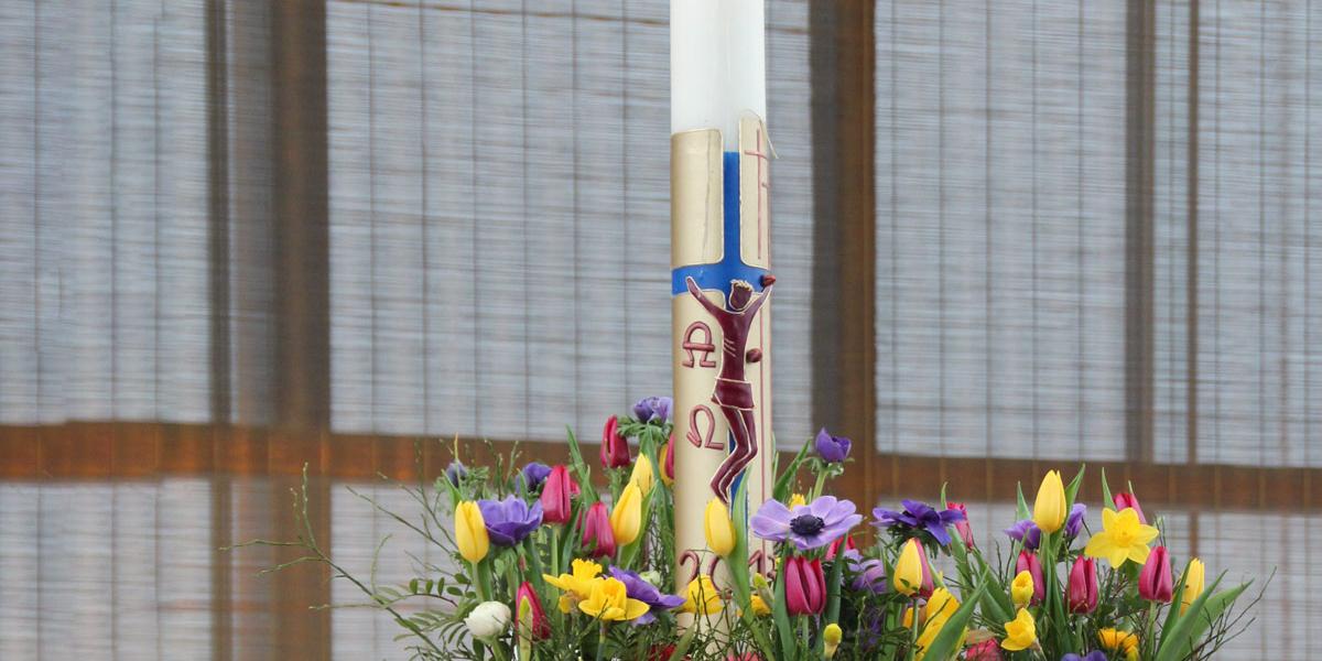 50 Tage Osterzeit – Osterkerze in Frühlingsblumen