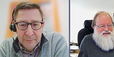 Frank Reintgen (li.) und Michael Hänsch (re.) im Videogespräch zu ihren Erfahrungen mit der Beteiligungsplattform weltsynode.koeln.