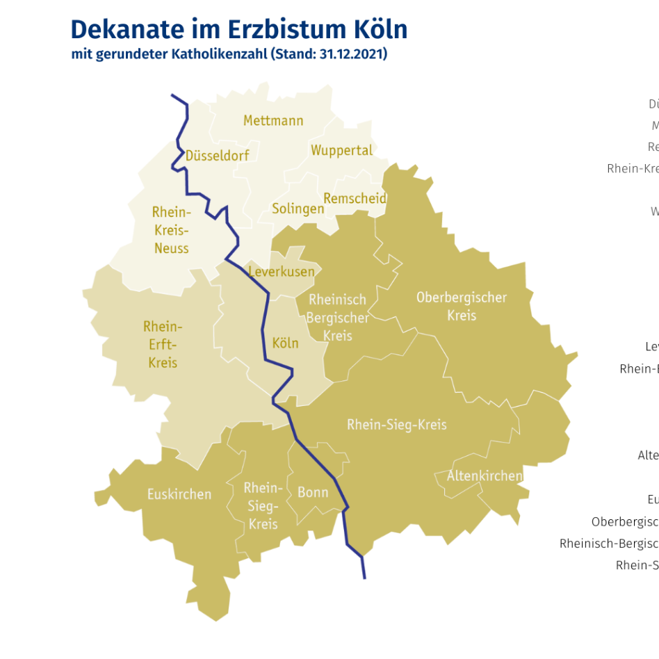 Katholikenzahlen in den 15 Stadt- und Kreisdekanaten Ende 2021