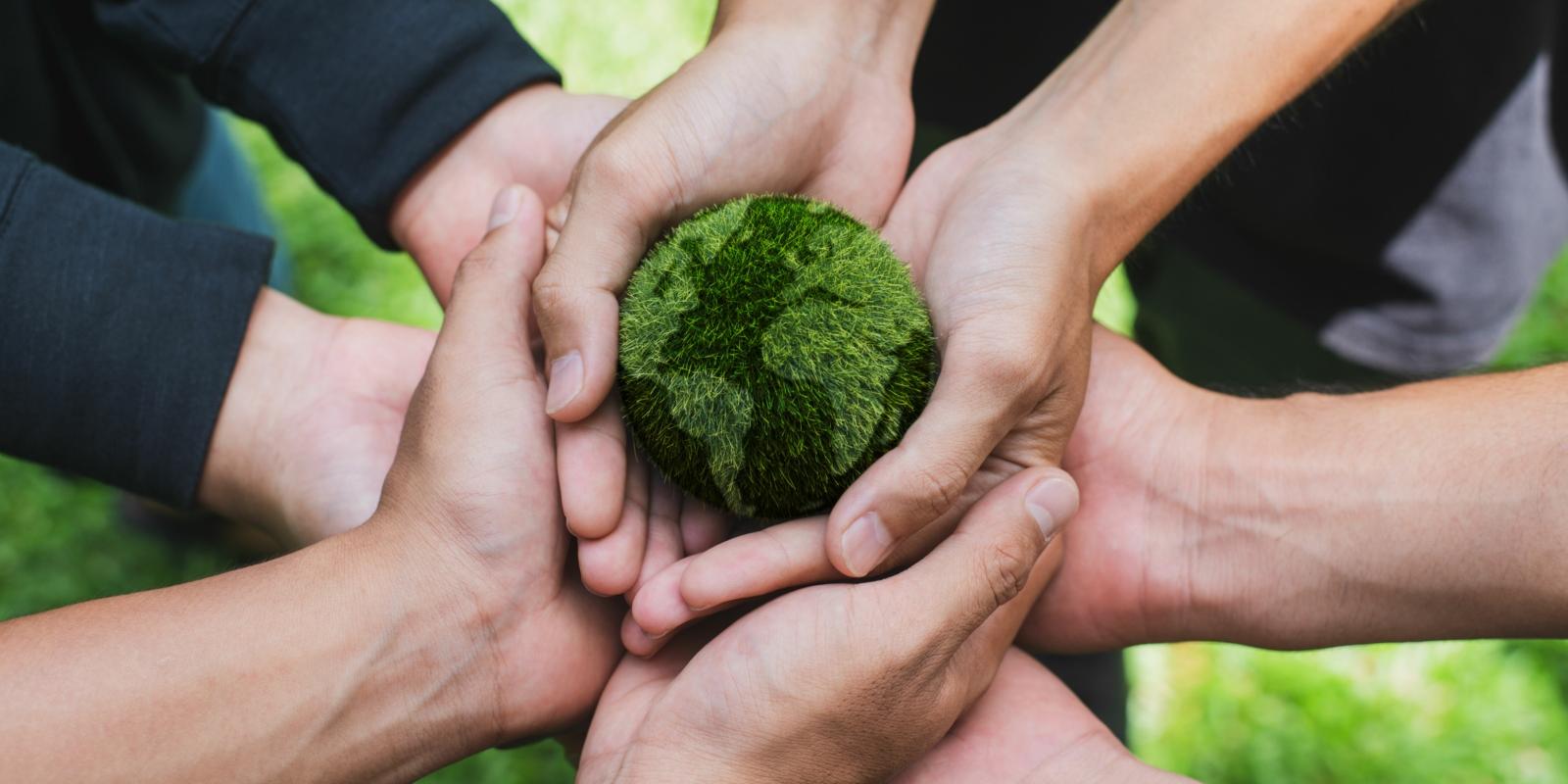 Hände tragen gemeinsame eine Weltkugel. Die Erde ist aus Gras dargestellt.