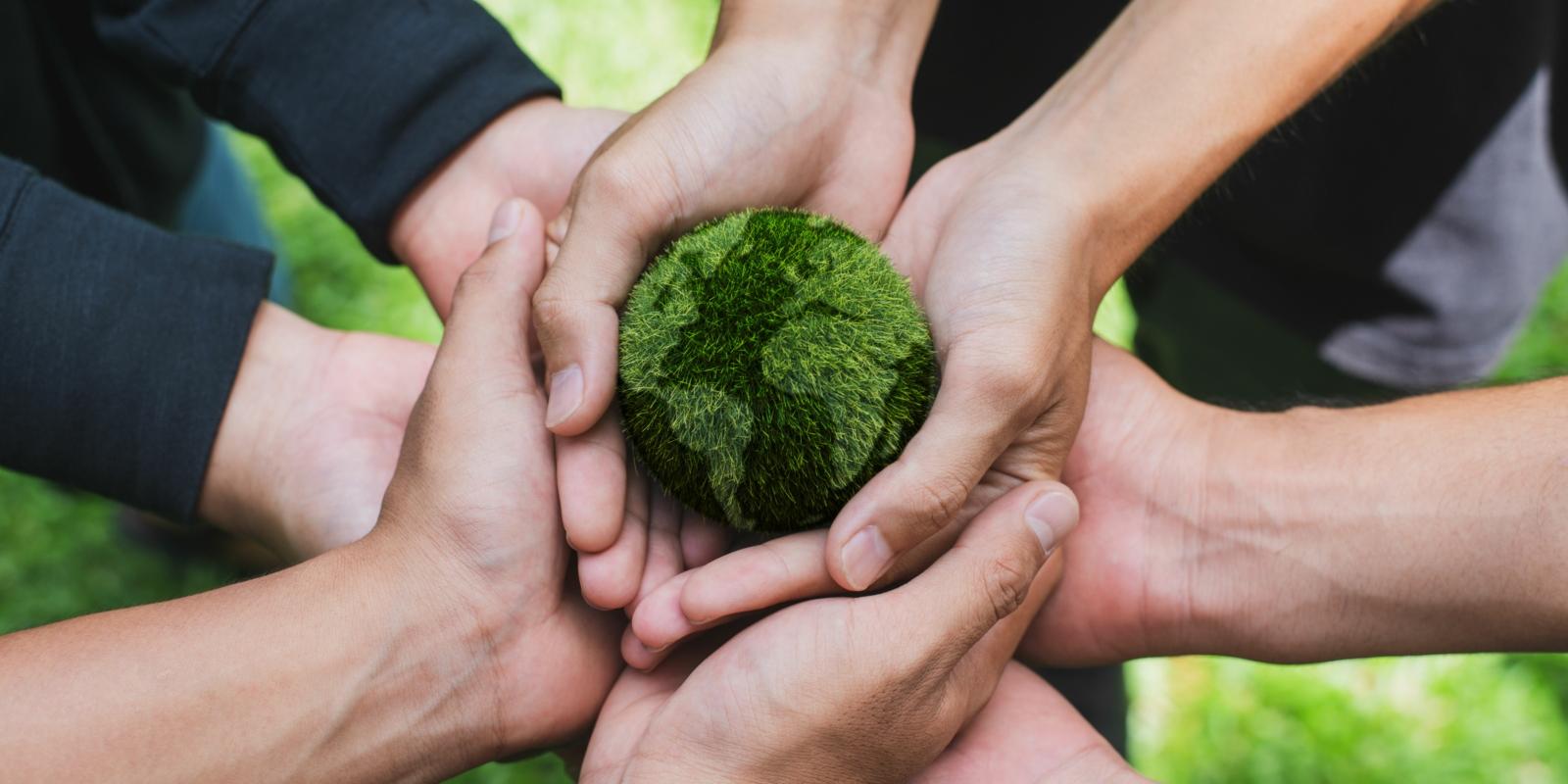 Hände tragen gemeinsame eine Weltkugel. Die Erde ist aus Gras dargestellt.