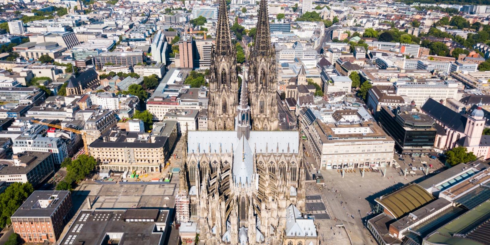 Cologne Cathedral aerial panoramic view in Cologne, Germany