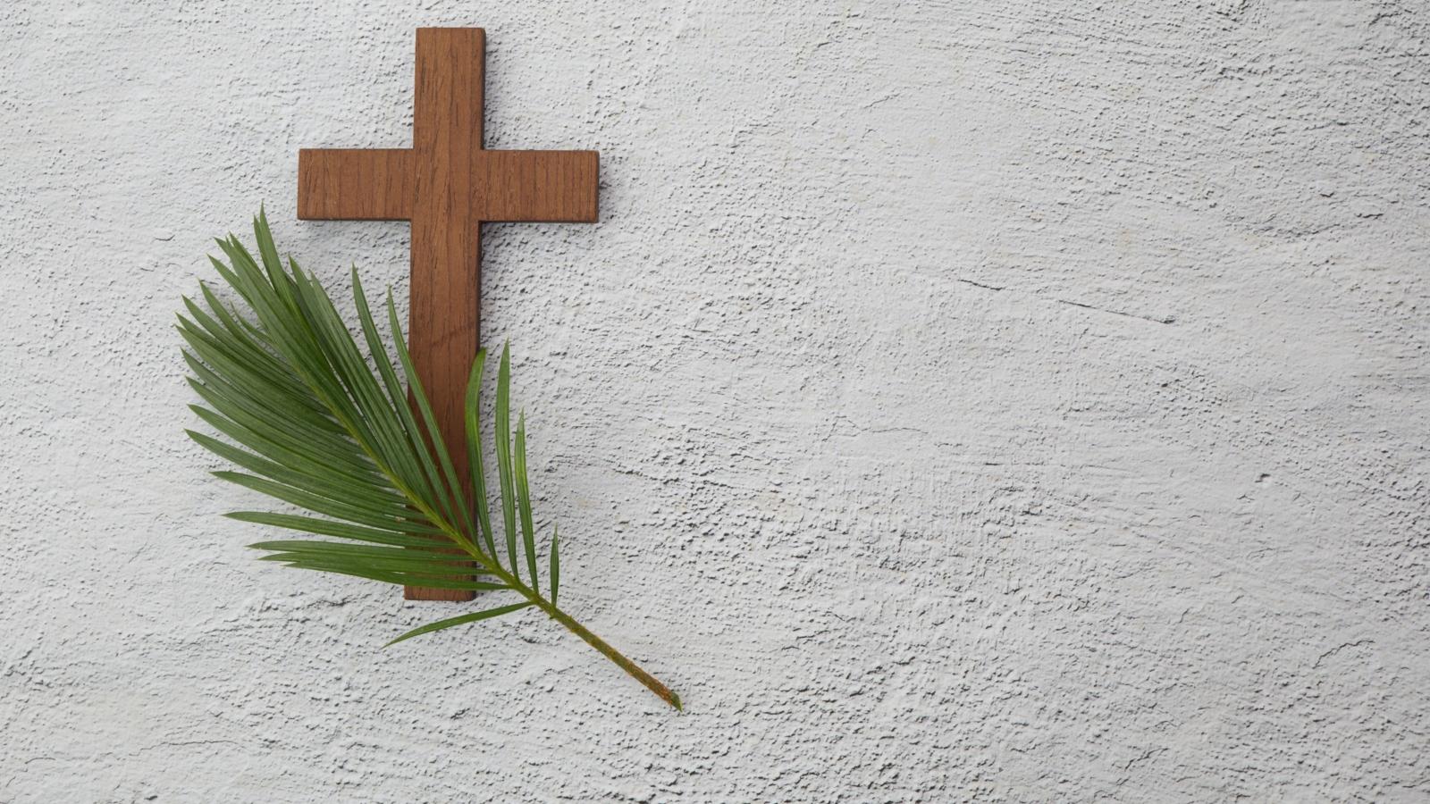 Kreuz mit Palmzweig Palm sunday background. Cross and palm on grey background.