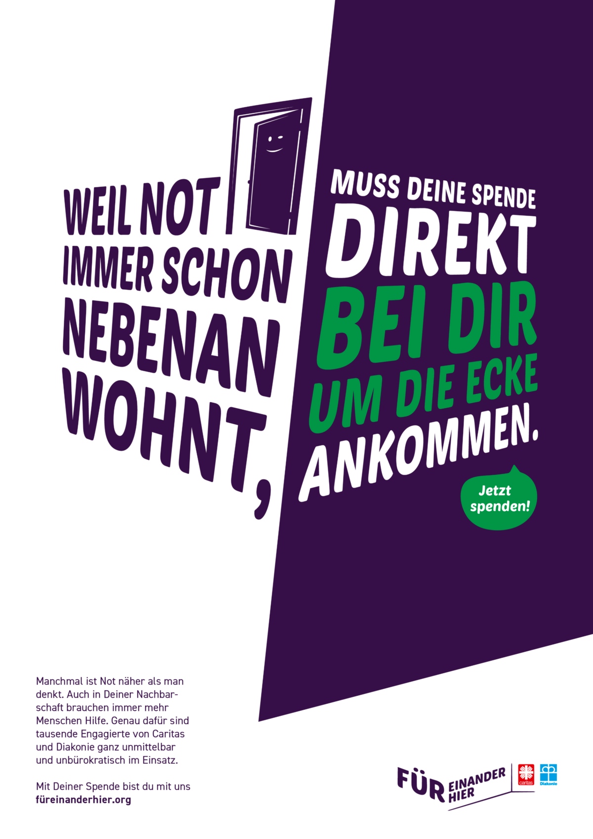 Plakat mit dem Titel 'Not nebenan' der Spendenaktion 'Füreinander hier'