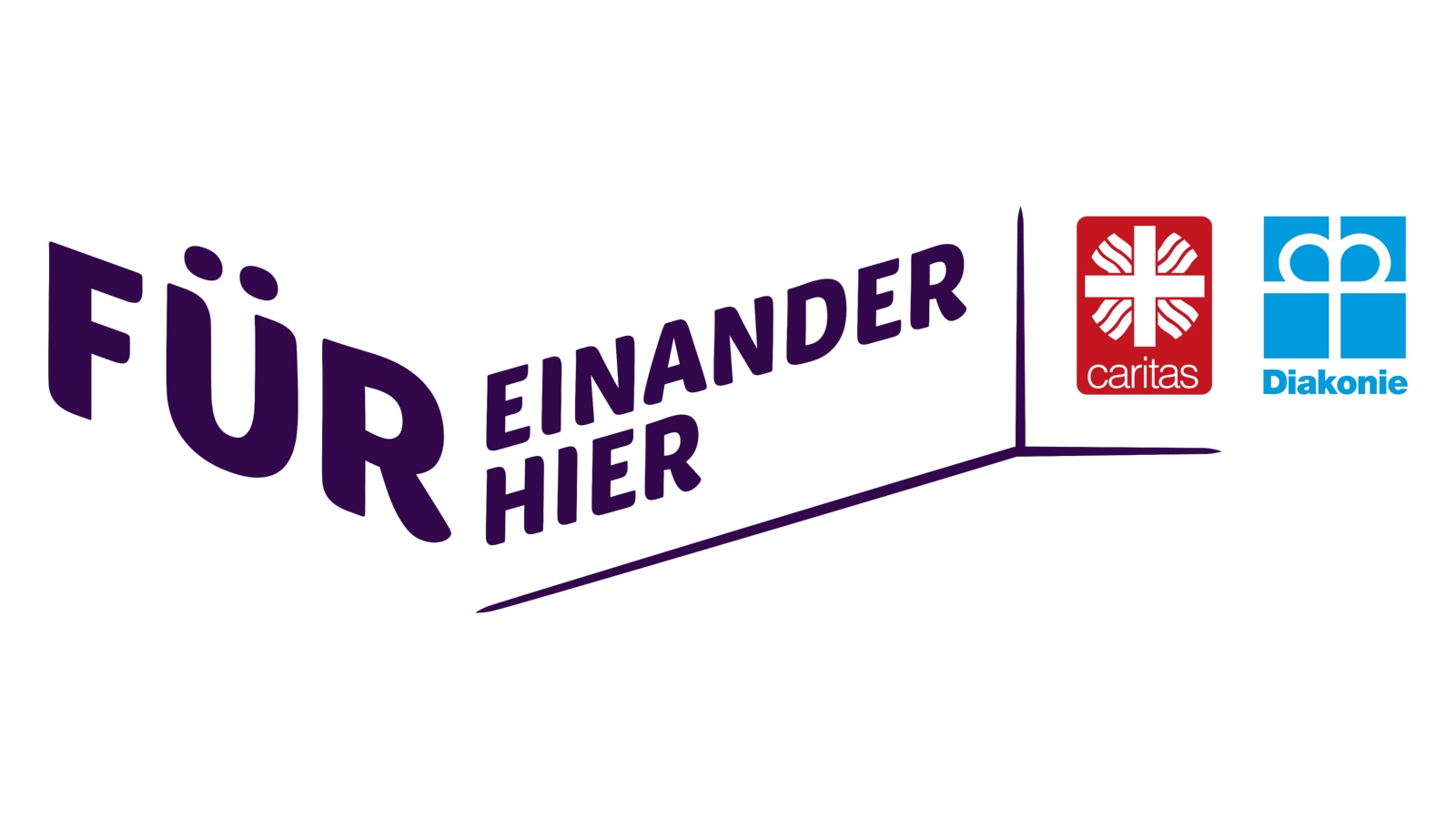 Logo der ökumenischen Spendenaktion 'Füreinander hier' von Caritas und Diakonie