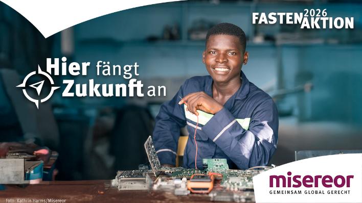 Online-Banner zur Misereor-Fastenaktion 2026, die unter dem Motto 'Hier fängt Zukunft an' läuft.