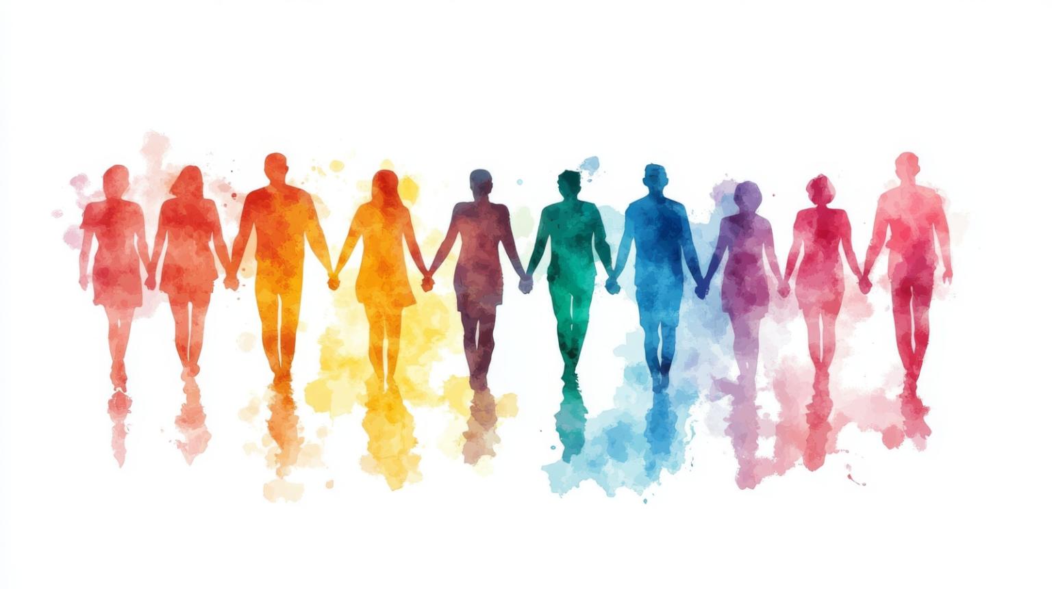 Im Aquarall-Stil bunt gezeichnete Menschen stehen aufrecht und halten sich an den Händen