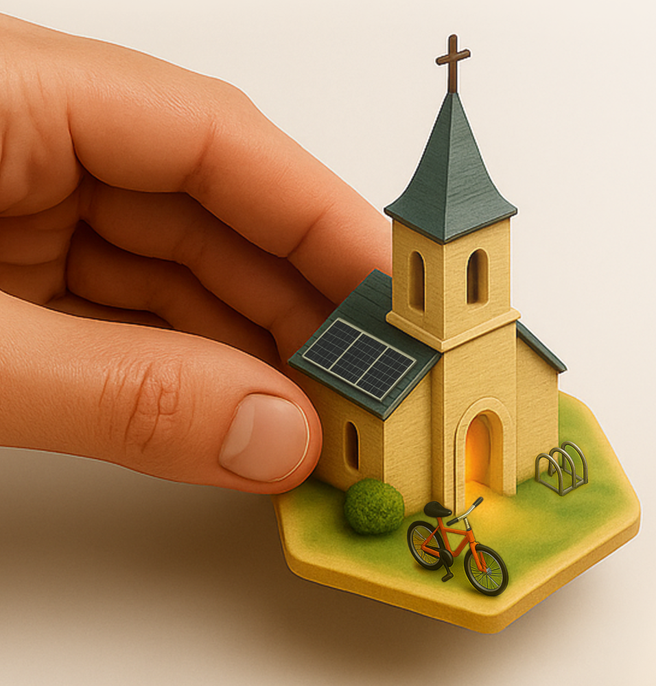 Ein Spielstein, auf dem eine Kirche gebaut ist. Er wird von einer Hand gehalten.