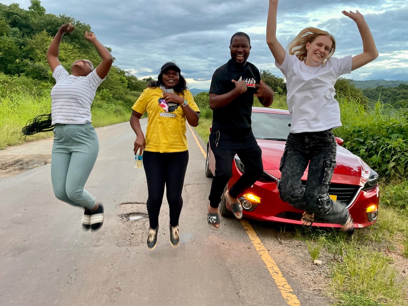 Ein Foto zeigt vier junge Menschen die in die Luft springen vor einer Landschaft.