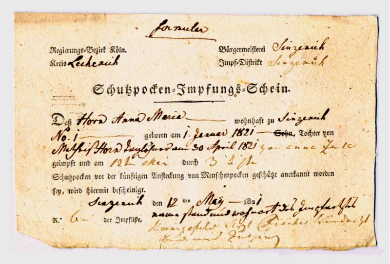 'Schutzpocken-Impfungs-Schein' von 1821 für die 4 Monate alte Anna Maria Horn in Sinzenich