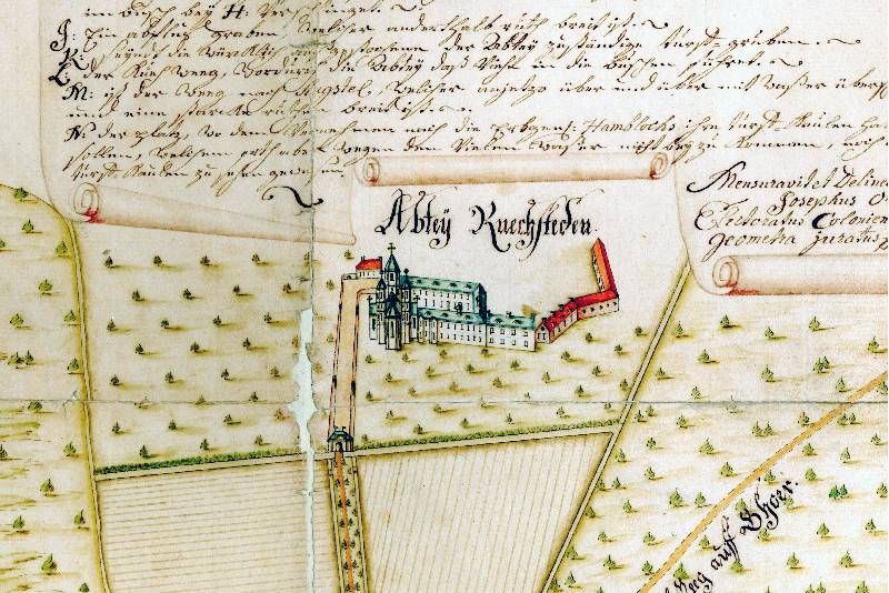 Abbildung der Abtei Knechsteden auf einer historischen Landkarte im Historischen Archiv des Erzbistums Köln