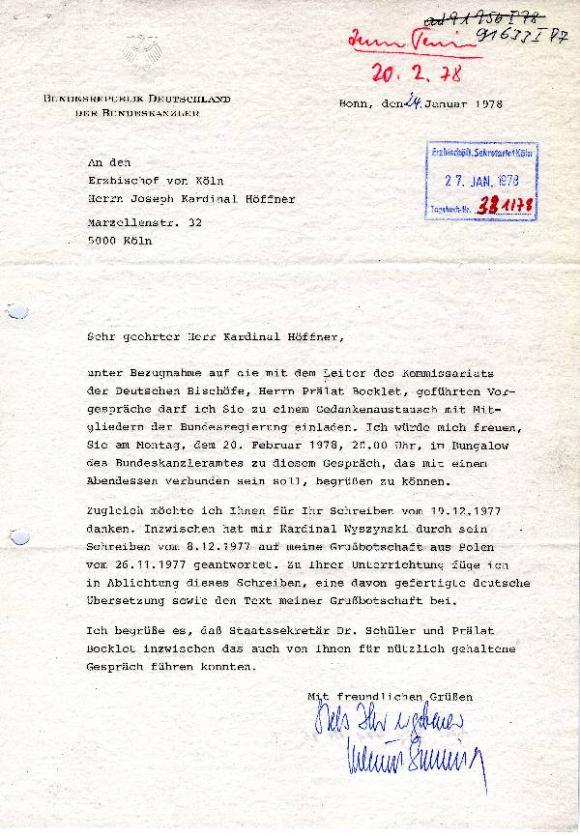 Brief des Bundeskanzlers an Kardinal Höffner vom 24.1.1978