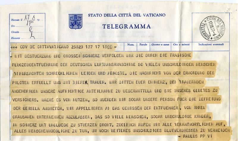 Telegramm Pauls VI. zur Entführung des Lufthansa-Maschine 'Landshut' 1977