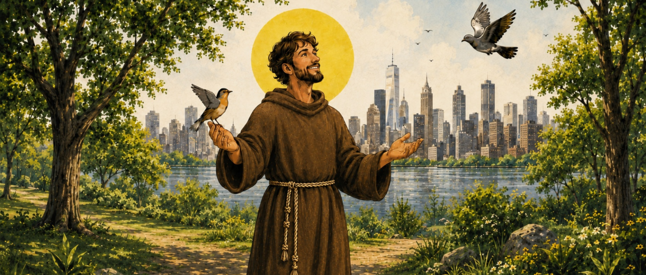 Wie würde Franziskus heute aussehen? Die KI weiß es vielleicht. (c) KI-generiert Eine Illustration zeigt Franziskus vor einer modernen Skyline.