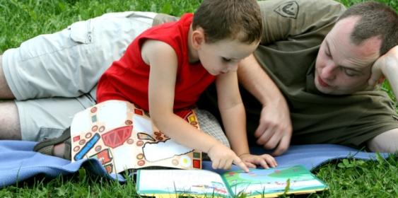 Vater und Sohn lesen auf Wiese