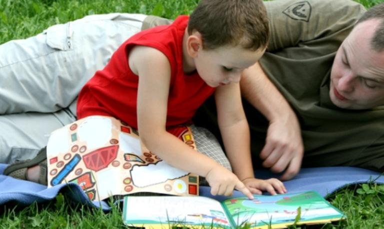 Vater und Sohn lesen auf Wiese