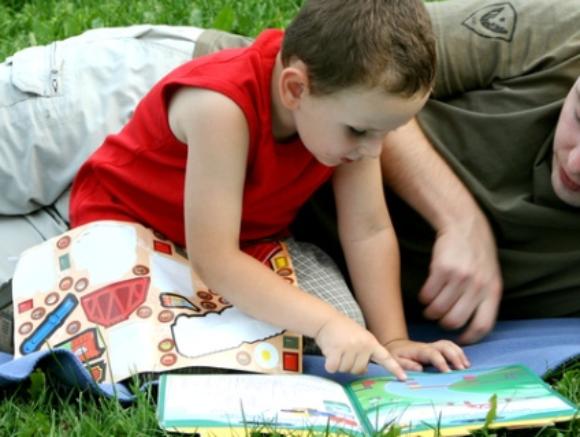 Vater und Sohn lesen auf Wiese