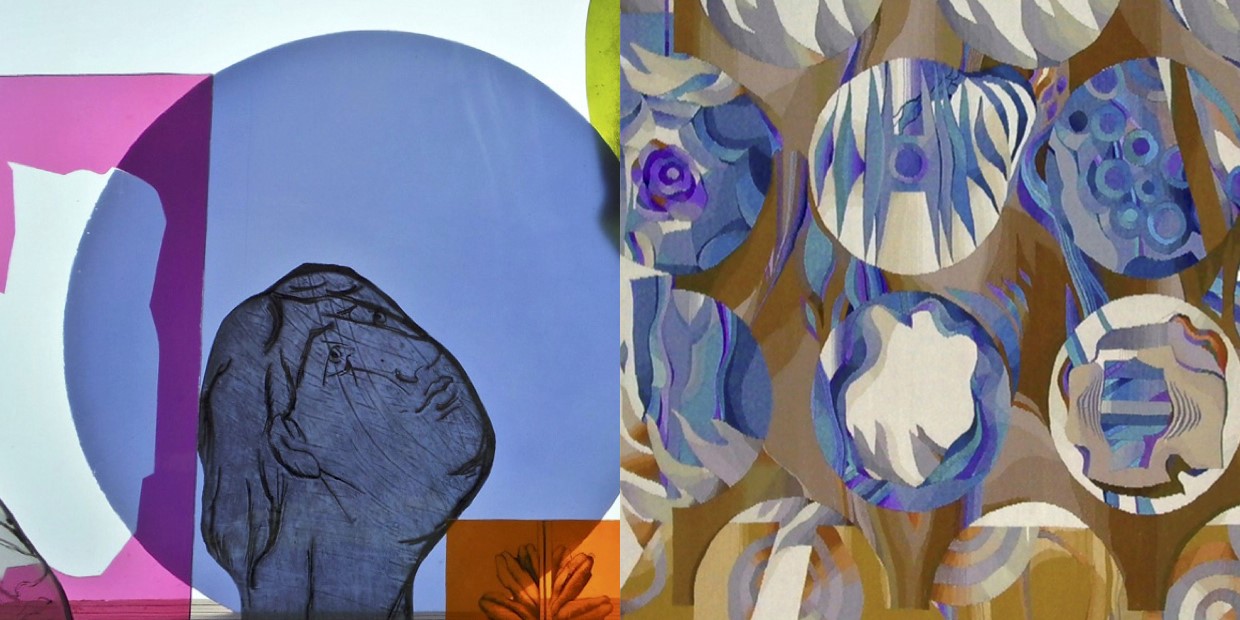 Linke Seite, Hubert Schaffmeister: Assemblage von Glasfragmenten (zusammengestellt von Sabine Schaffmeister), rechte Seite, Karin Schaffmeister: Kosmos, Gobelin, Detail, 1980