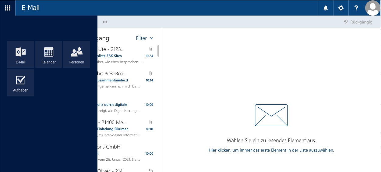 Über einen Klick auf die neun kleinen Quadrate können Sie zwischen E-Mails, Kalender, Aufgaben und Kontakten wechslen