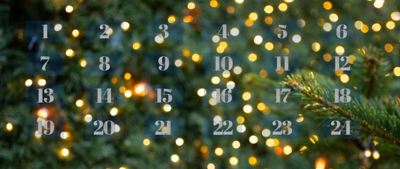Beispiel-Ansicht für einen Adventskalender mit 24 Türchen und einem Tannenbaum mit Lichtern im Hintergrund