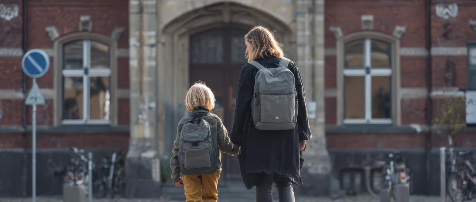 Mutter mit Kind vor der Schule