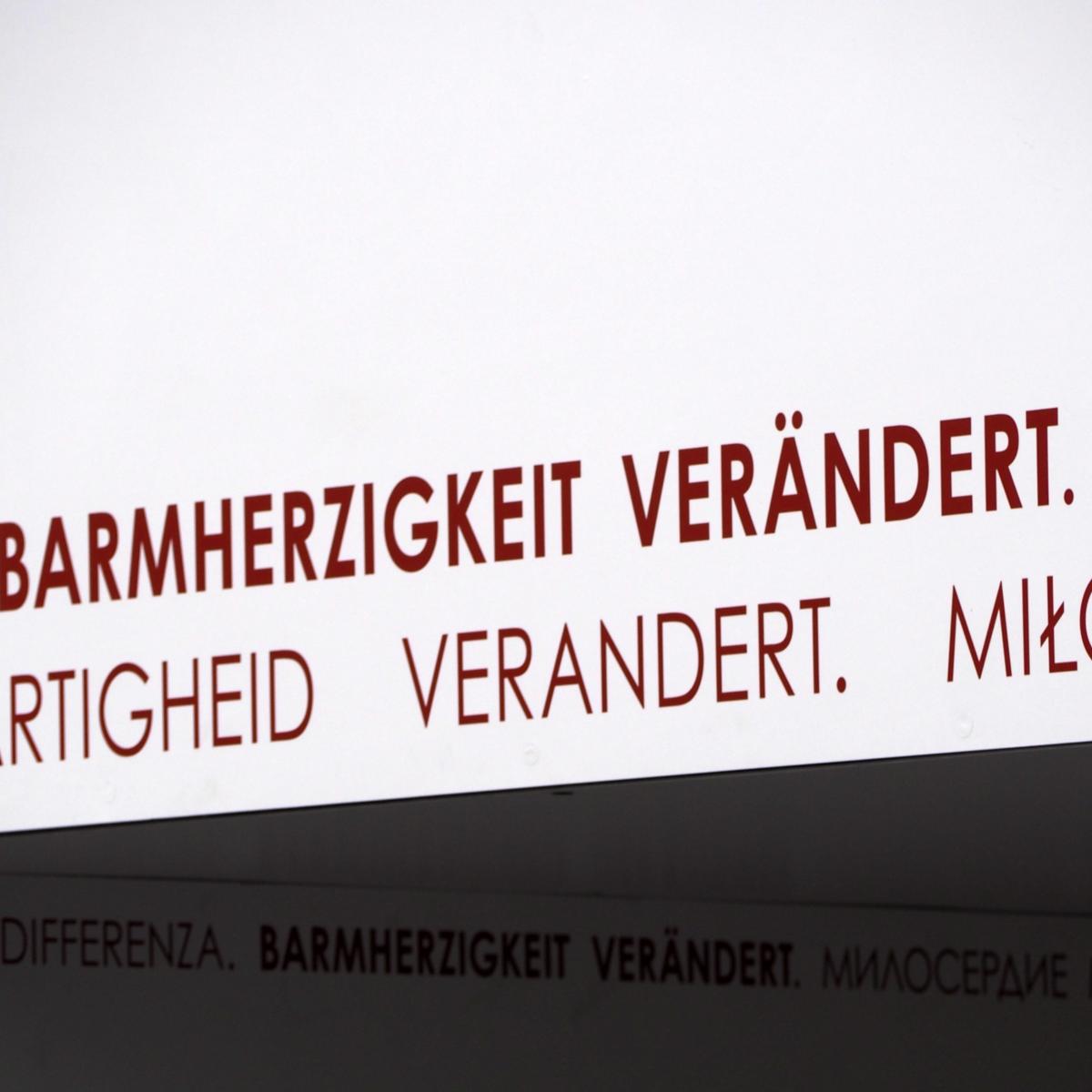 Das Tor der Barmherzigkeit ist Teil der Fasten- und Osterzeit 2016 am Bonner Münster, die unter dem Motto „Barmherzigkeit verändert“ steht.  Dieses Motto ist an den Torseiten und im Innenbereich des Tors umlaufend in elf verschiedenen Sprachen angebracht.  Es begleitet die Menschen, während sie das Tor durchschreiten.  Barmherzigkeit verändert Ex-Bild-DB-ID: 18608