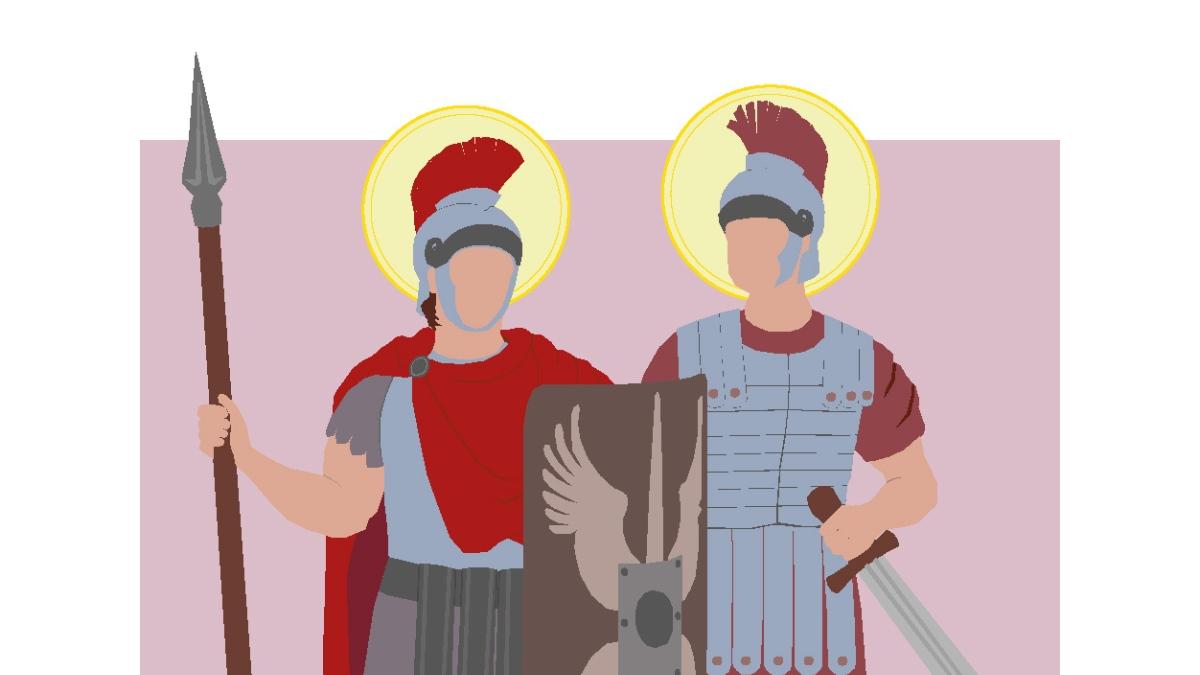 Eine Grafik zeigt die Heiligen Cassius und Florentius als Soldaten.