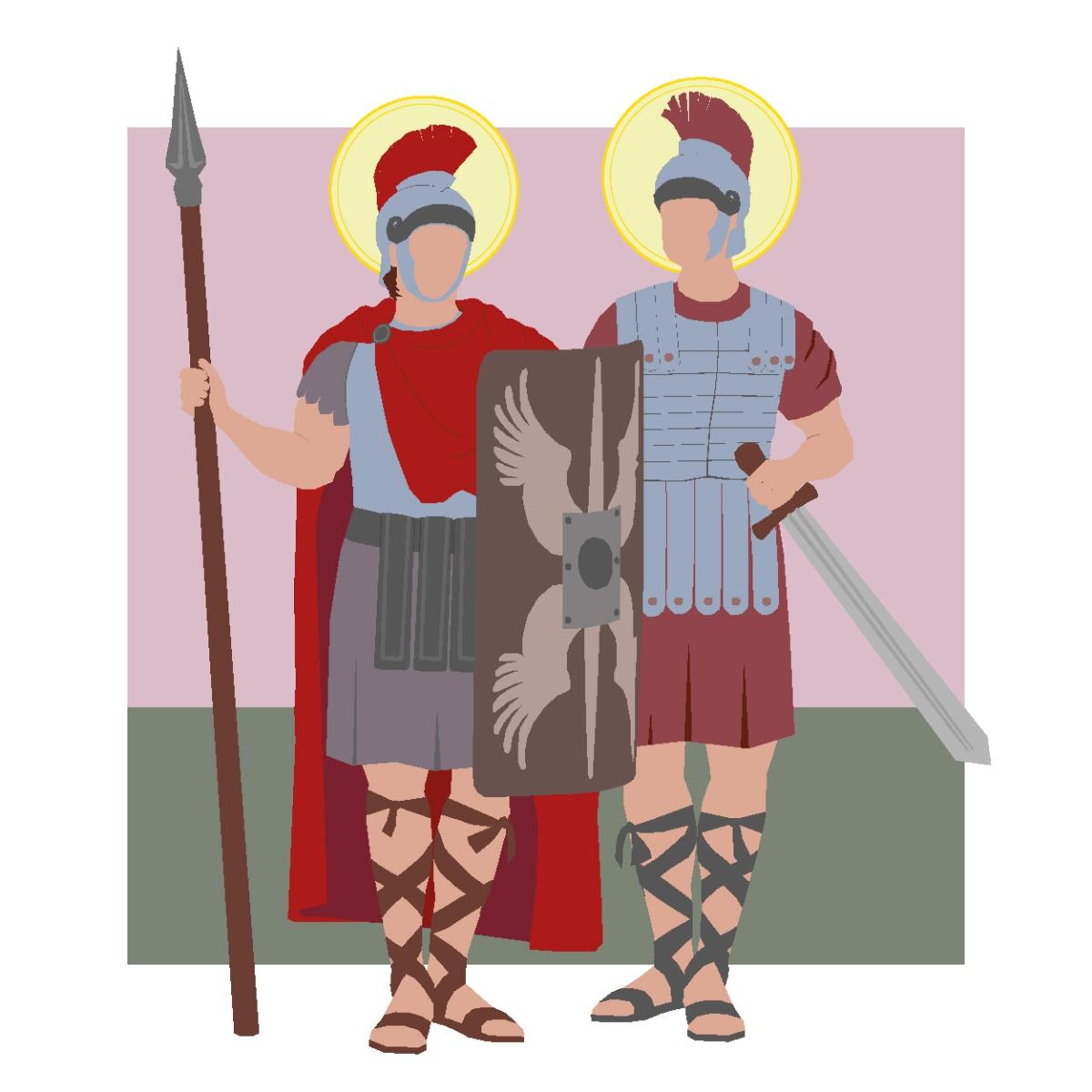 Eine Grafik zeigt die Heiligen Cassius und Florentius als Soldaten.