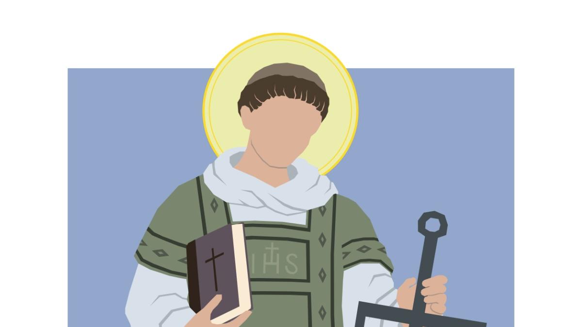 Eine Illustration des Heiligen Laurentius mit Heiligenschein. In den Händen hält er ein Buch und einen Rost.