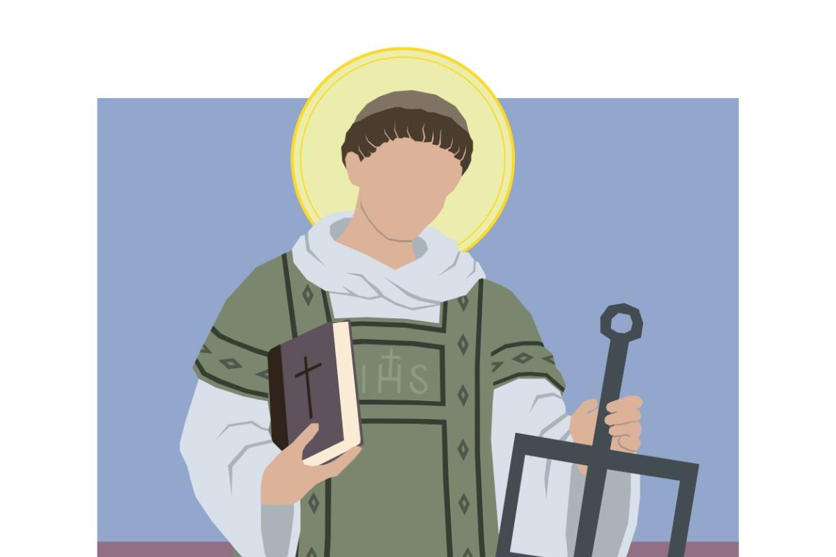 Eine Illustration des Heiligen Laurentius mit Heiligenschein. In den Händen hält er ein Buch und einen Rost.