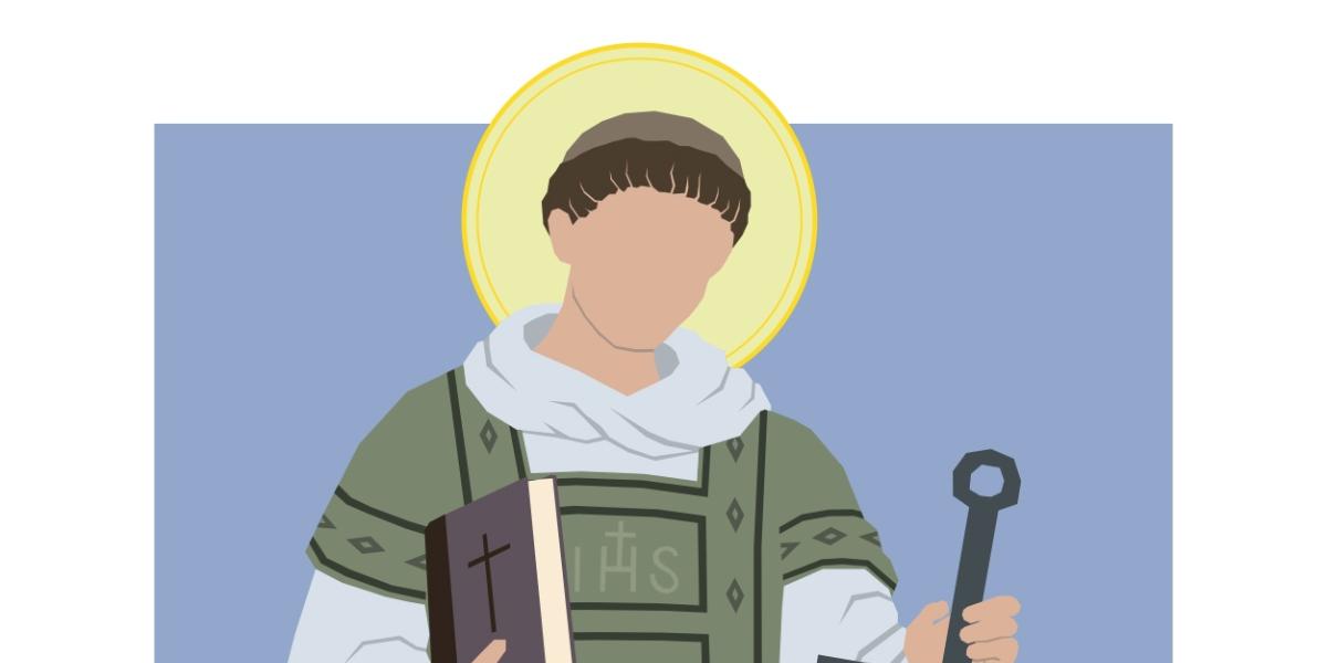 Eine Illustration des Heiligen Laurentius mit Heiligenschein. In den Händen hält er ein Buch und einen Rost.