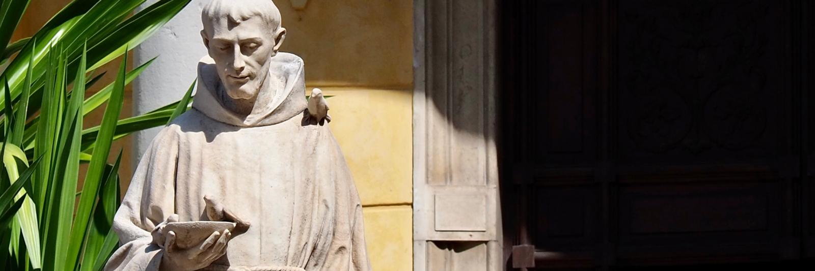 Steinstatue eines Mönchs mit Buch in sonnigem Hof neben einer Pflanze
