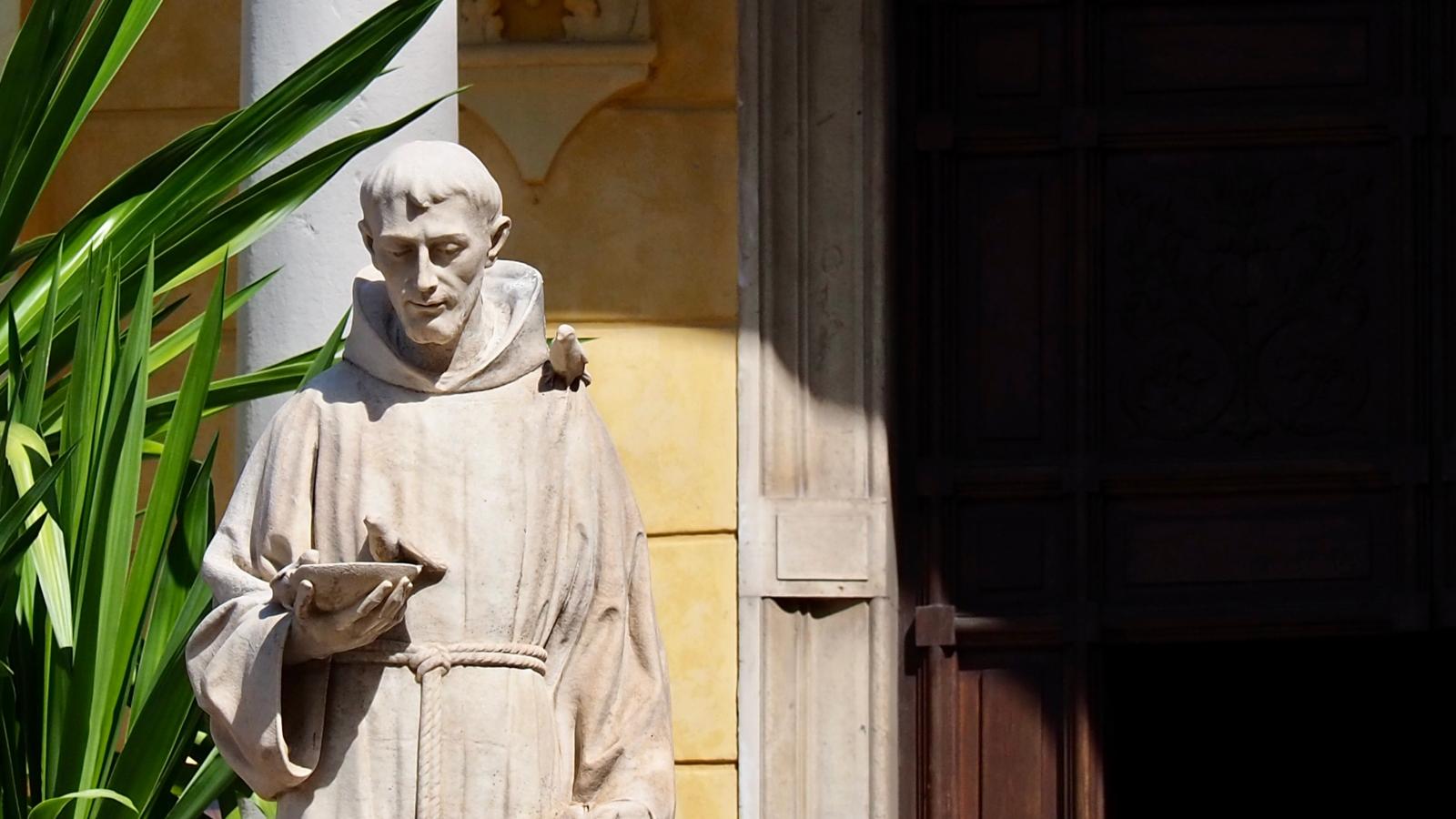 Steinstatue eines Mönchs mit Buch in sonnigem Hof neben einer Pflanze