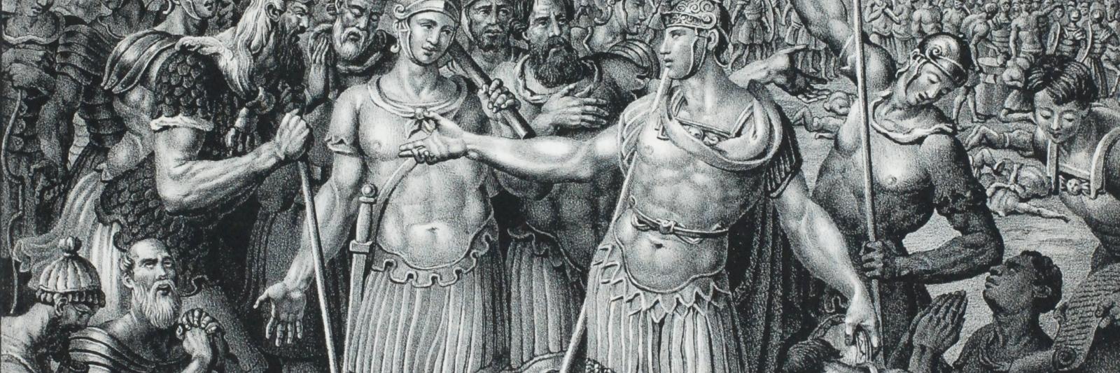Vor Bergkulisse bekennen sich die Männer der großen Legion, darunter ein Zug Thebäer, zum Christentum. Der Überlieferung nach erlitt der heilige Mallosus als Mitglied der Thebäischen Legion das Martyrium.