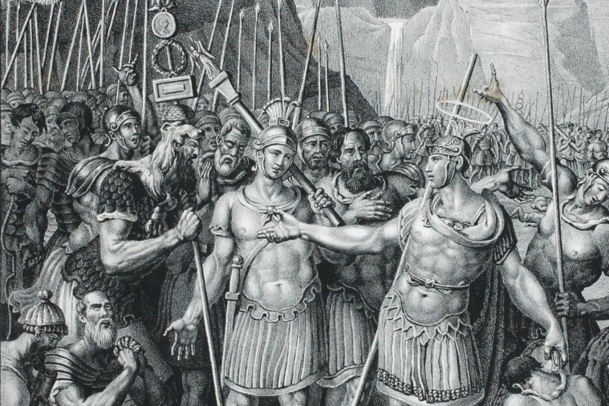 Vor Bergkulisse bekennen sich die Männer der großen Legion, darunter ein Zug Thebäer, zum Christentum. Der Überlieferung nach erlitt der heilige Mallosus als Mitglied der Thebäischen Legion das Martyrium.