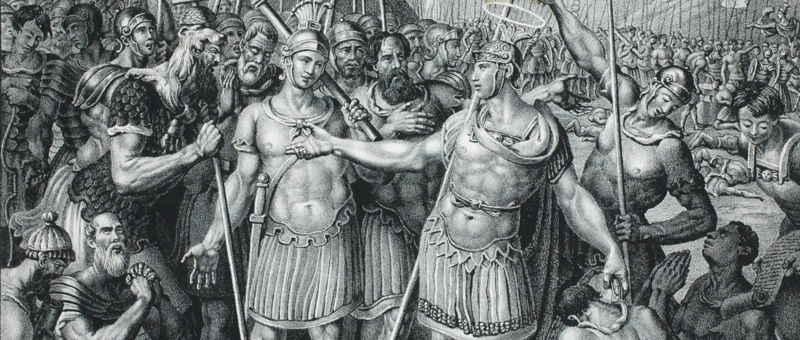Die Thebaische Schaar - Ausschnitt aus einer Lithografie von J. Honegger, 19. Jhd. Vor Bergkulisse bekennen sich die Männer der großen Legion, darunter ein Zug Thebäer, zum Christentum. Der Überlieferung nach erlitt der heilige Mallosus als Mitglied der Thebäischen Legion das Martyrium.