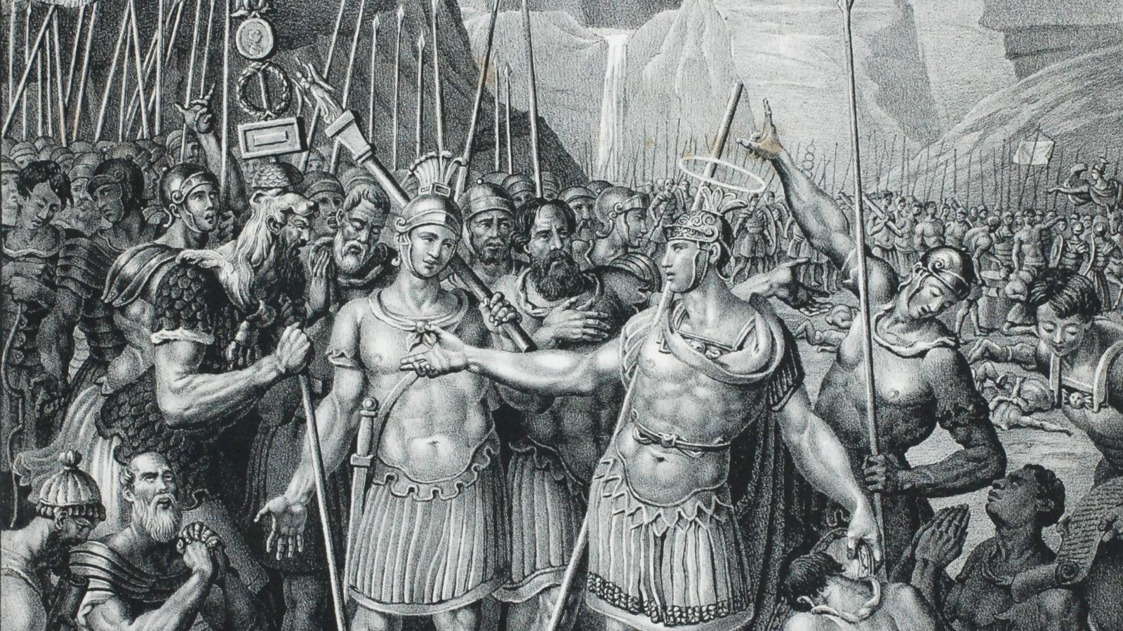 Vor Bergkulisse bekennen sich die Männer der großen Legion, darunter ein Zug Thebäer, zum Christentum. Der Überlieferung nach erlitt der heilige Mallosus als Mitglied der Thebäischen Legion das Martyrium.