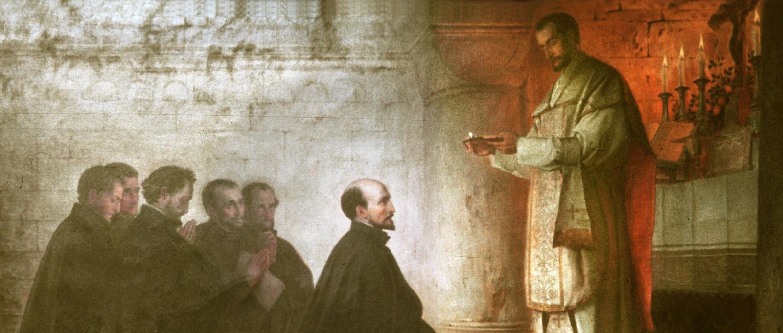 Fest- und Gedenktage Juli 1998..31. Juli Ignatius von Loyola..Bild: Gelübdefeier im Montmartre (Paris), 1534 / Gemälde von Konrad Baumeister (1881)