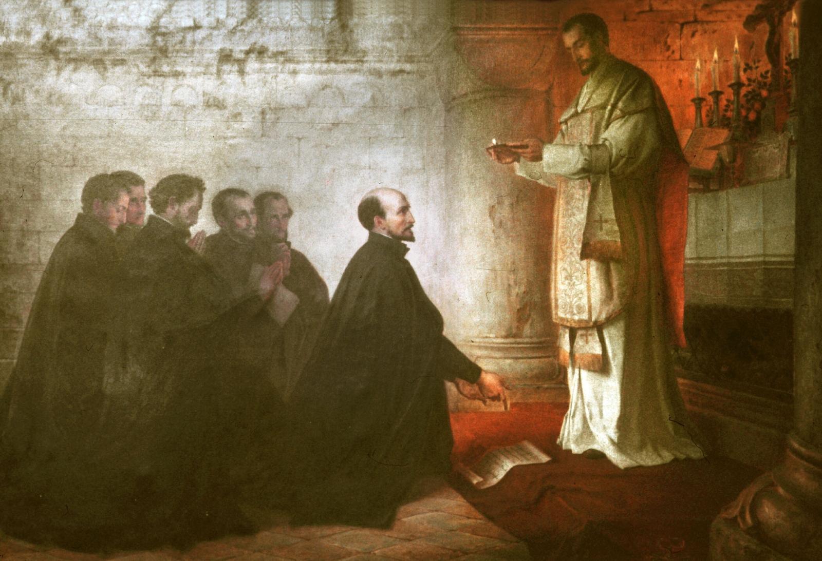 Fest- und Gedenktage Juli 1998..31. Juli Ignatius von Loyola..Bild: Gelübdefeier im Montmartre (Paris), 1534 / Gemälde von Konrad Baumeister (1881)
