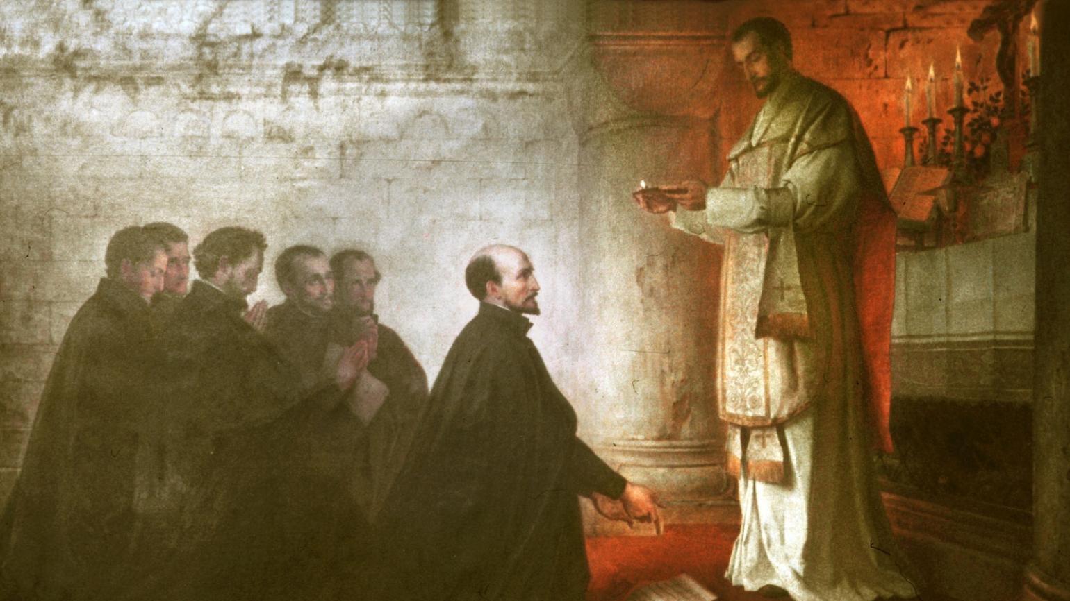 Fest- und Gedenktage Juli 1998..31. Juli Ignatius von Loyola..Bild: Gelübdefeier im Montmartre (Paris), 1534 / Gemälde von Konrad Baumeister (1881)