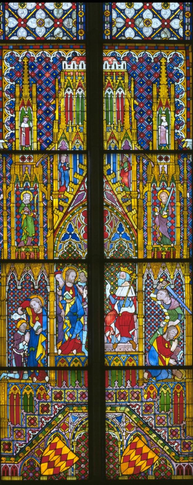 Der untere Teil des Jakobusfensters im Kölner Dom zeigt die Vita des Apostels
