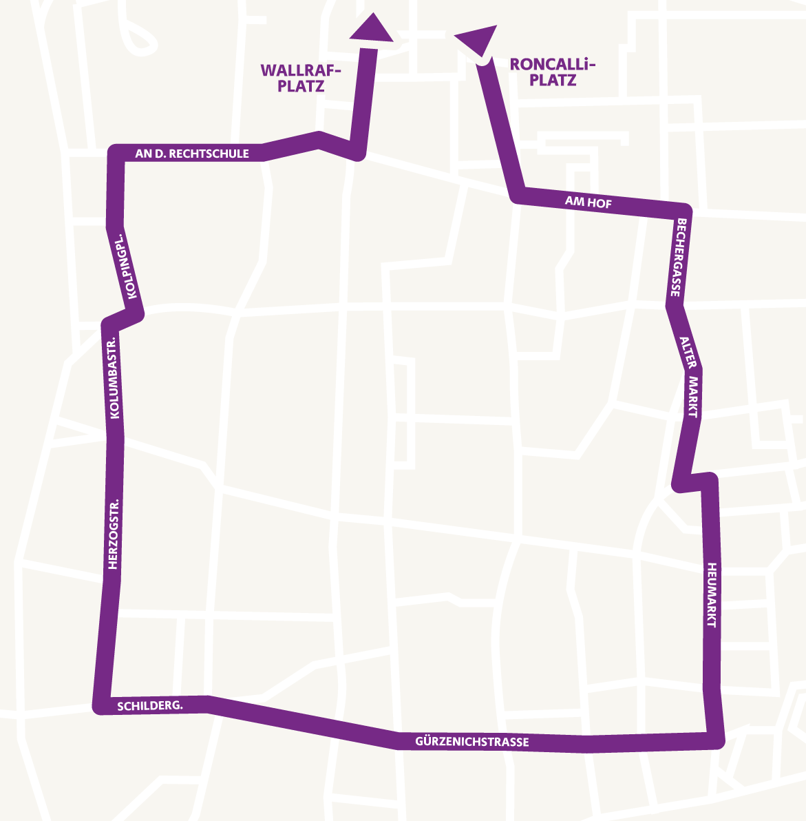 Eine Grafik zeigt von oben den Weg der Fronleichnamsprozession durch die Kölner Innenstadt.