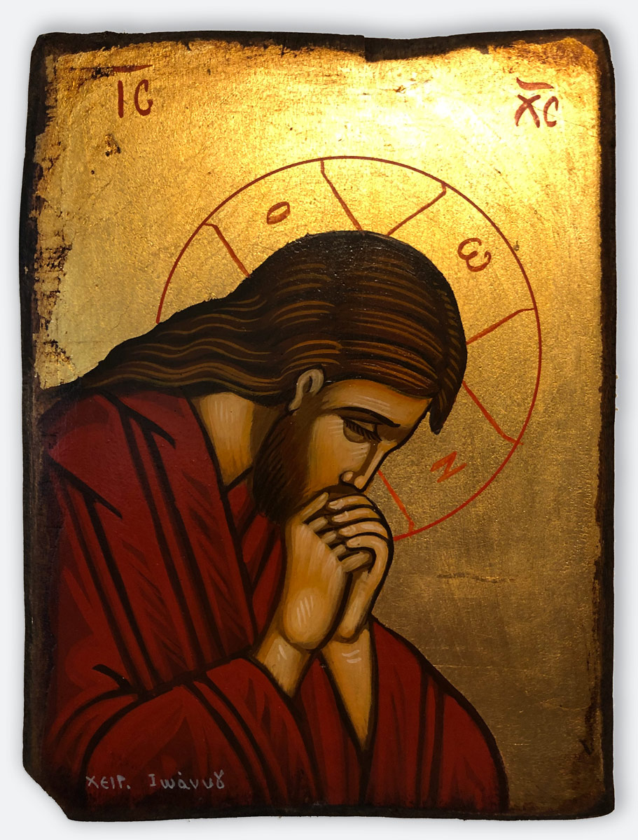 Griechische Ikone: Der betende Jesus am Gründonnerstag im Garten Getsemani während der Ölbergnacht