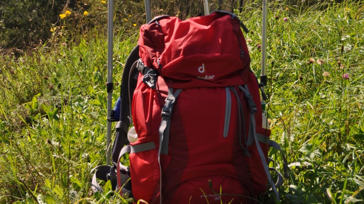 Roter Rucksack mit Wanderstöcken und Hut auf einer Wiese vor Waldhintergrund.