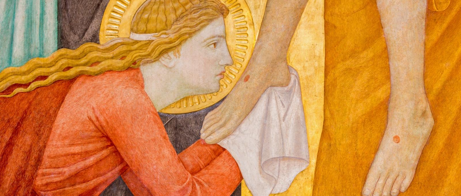 Nutzung nur durch den Bereich Medien und Kommunikation für Magazinartikel. Mary Magdalen. Detail from Deposition of the cross scene over st. John of the Cross side altar by P. Verkade (1927) in Carmelites church in Dobling. Wien.