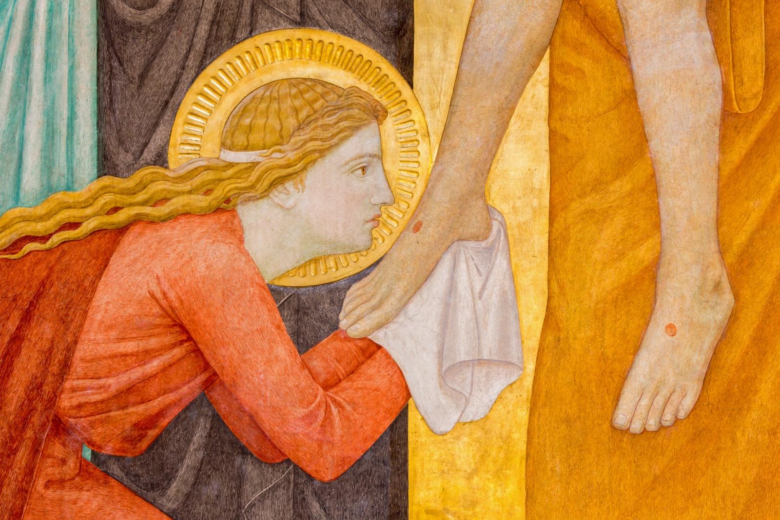 Nutzung nur durch den Bereich Medien und Kommunikation für Magazinartikel. Mary Magdalen. Detail from Deposition of the cross scene over st. John of the Cross side altar by P. Verkade (1927) in Carmelites church in Dobling. Wien.